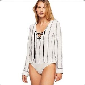 Free People Oh Boy White Navy Blue Striped Lace Up Bodysuit Blouse